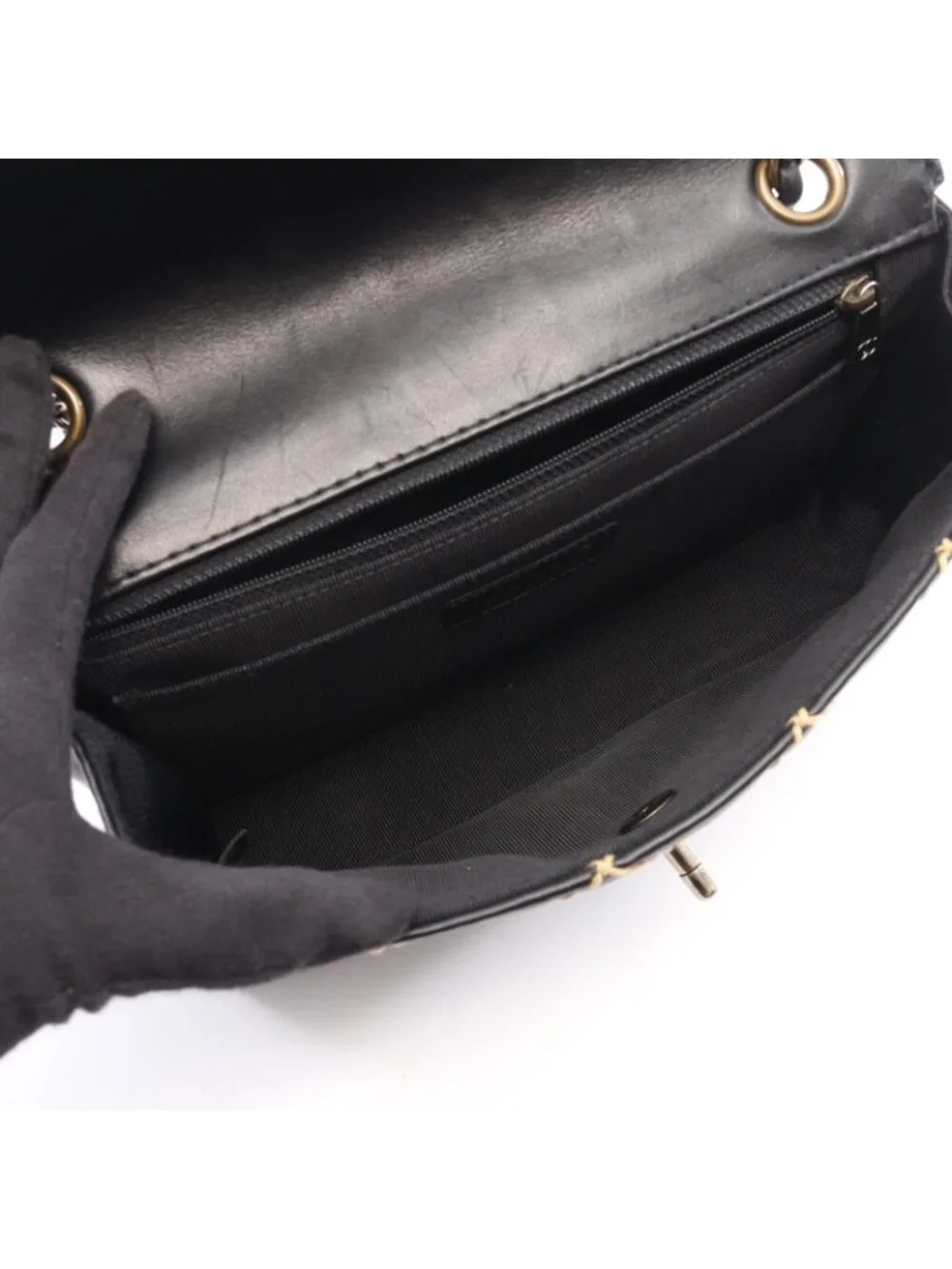 Chanel Shoulder Bag Wild Stitch Black Beige Lambskin Chain